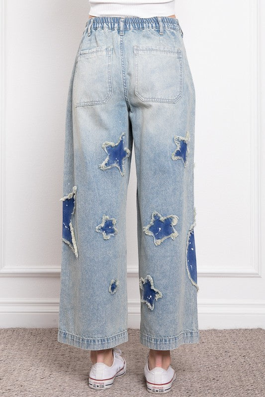 Star And Moon Wide Leg Denim Pants