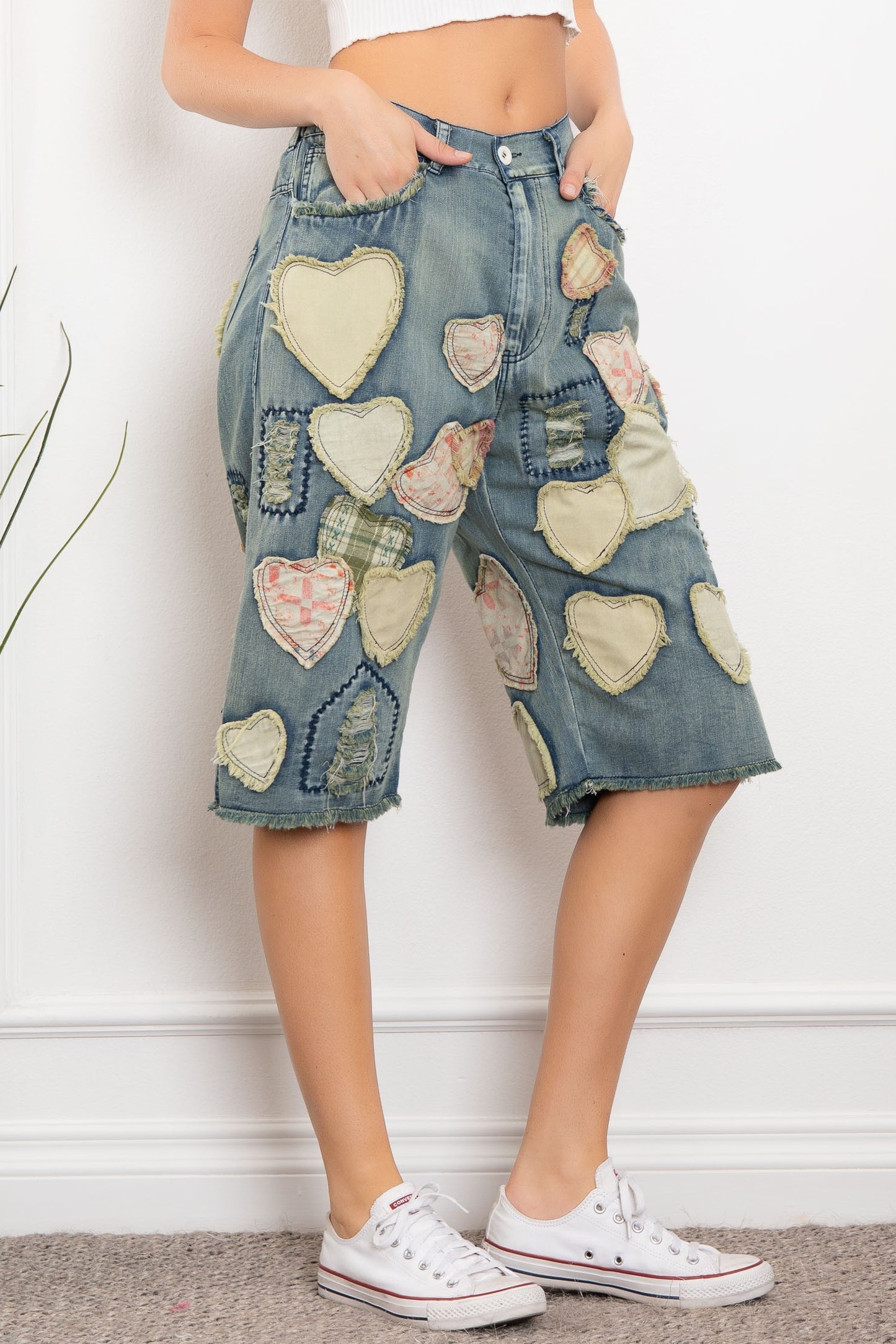 Playful Heart Patchwork Long Shorts