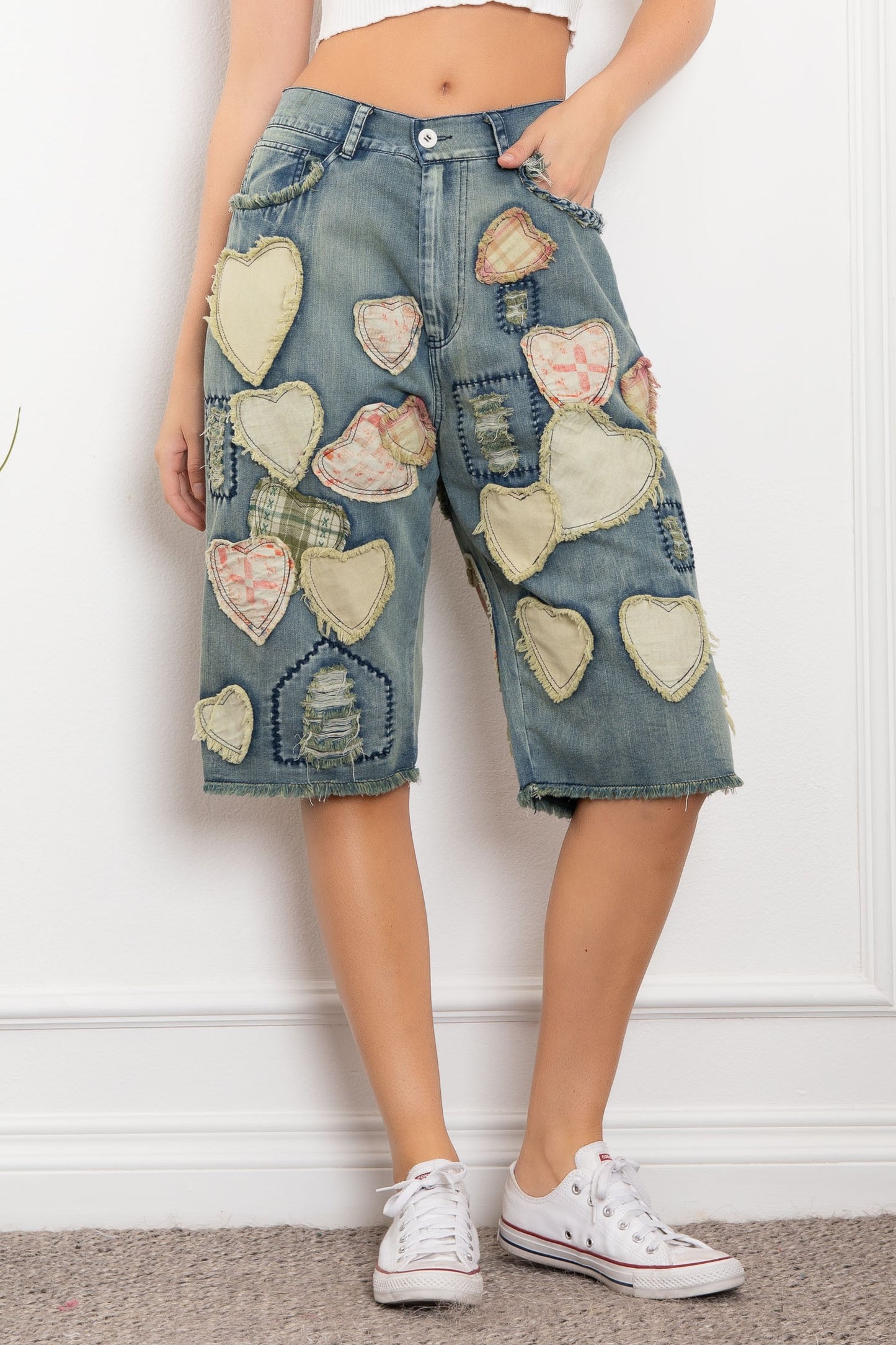 Playful Heart Patchwork Long Shorts