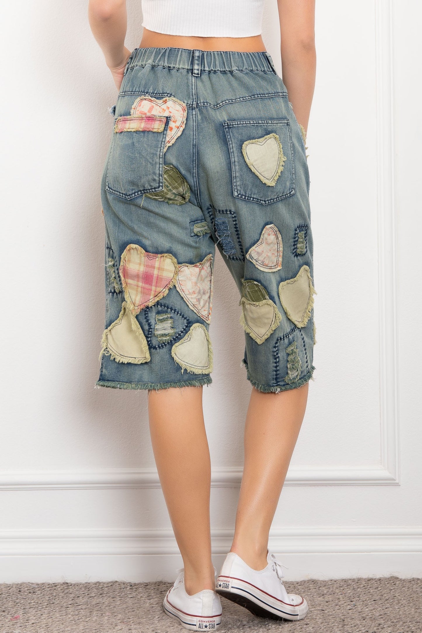 Playful Heart Patchwork Long Shorts
