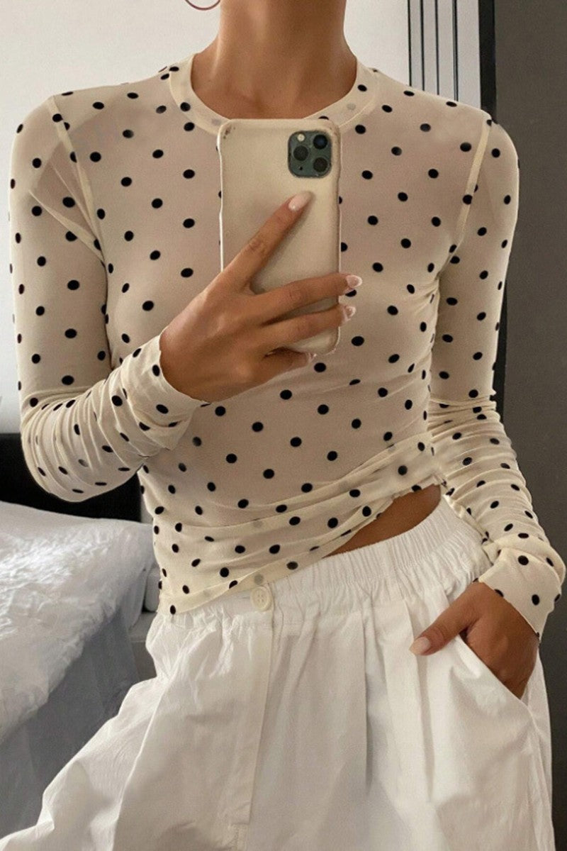 Polka Dot Long-sleeve Fitted Shirt - Beige