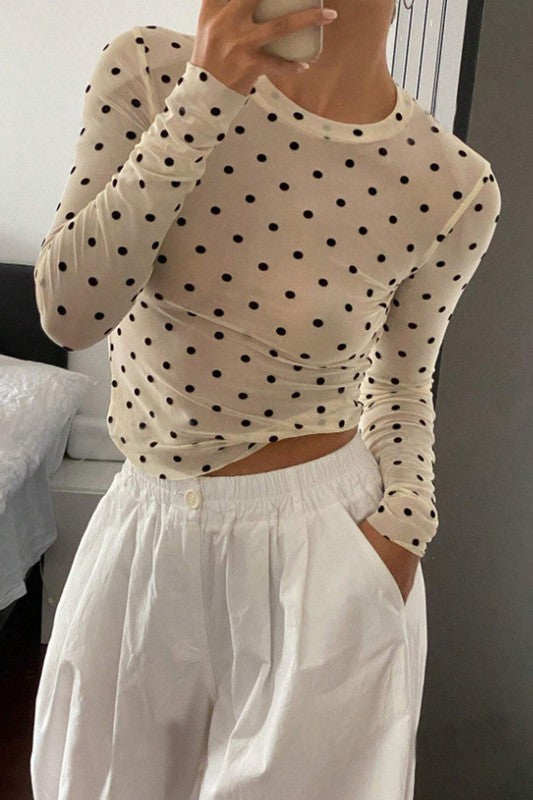 Polka Dot Long-sleeve Fitted Shirt - Beige
