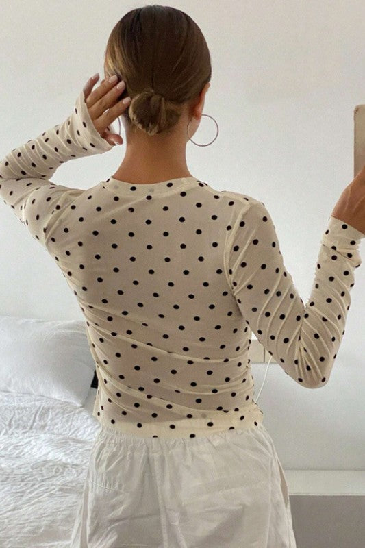 Polka Dot Long-sleeve Fitted Shirt - Beige