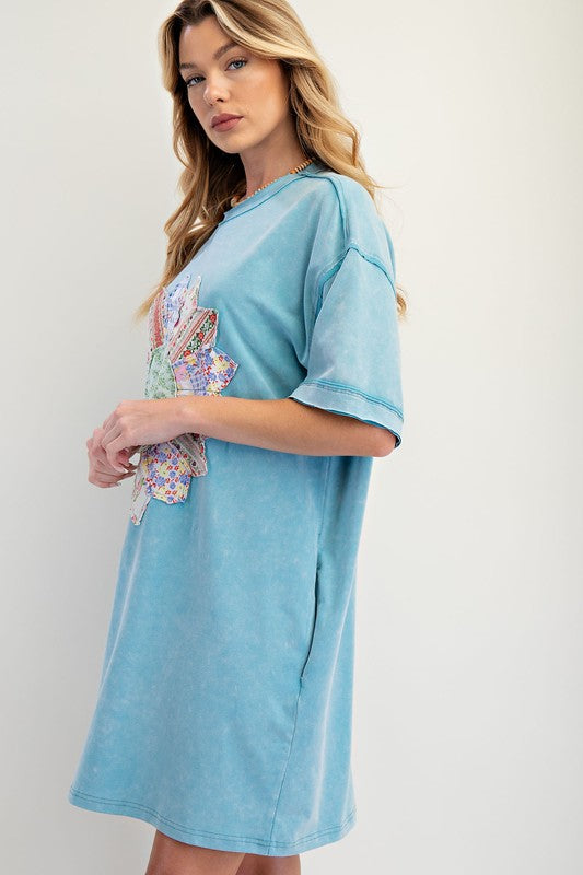Boho Patch Mineral Washed T Shirt Dress - Turquoise