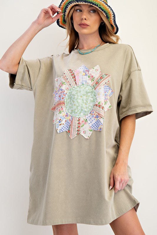 Boho Patch Mineral Washed T Shirt Dress - Faded Sage