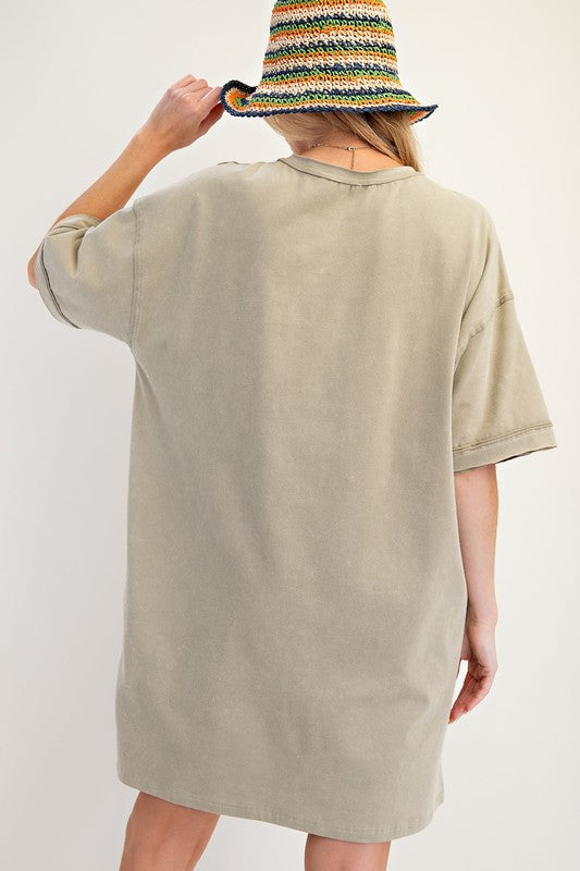 Boho Patch Mineral Washed T Shirt Dress - Faded Sage