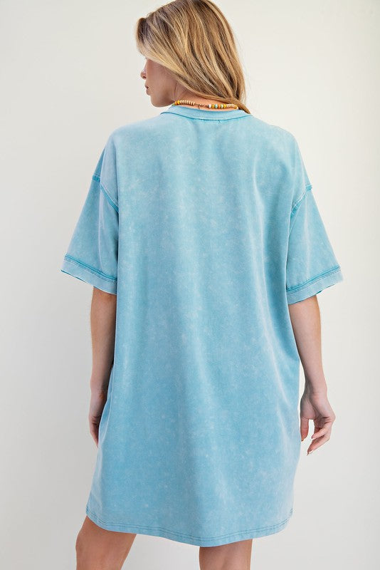 Boho Patch Mineral Washed T Shirt Dress - Turquoise