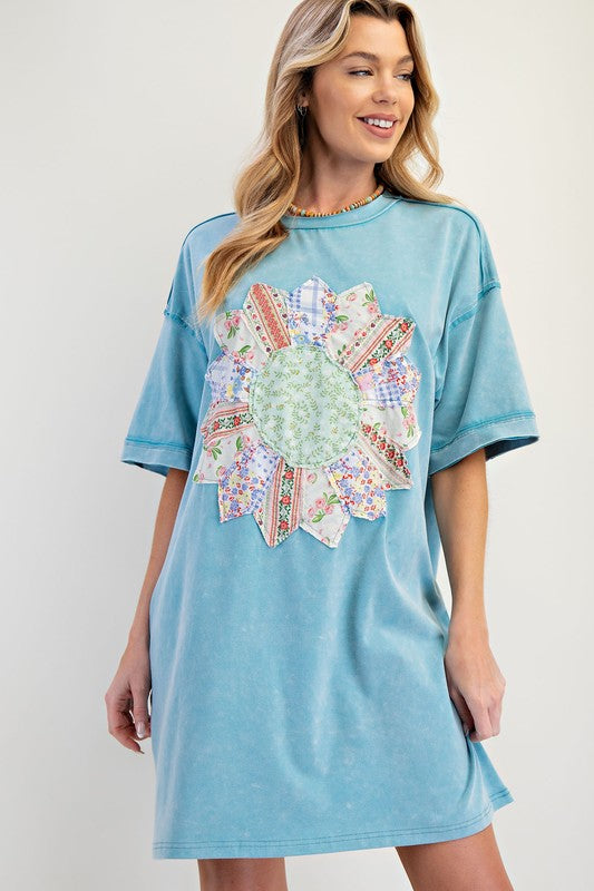 Boho Patch Mineral Washed T Shirt Dress - Turquoise
