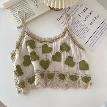 Embroidered Cotton Linen Summer Tank Top - Green Hearts