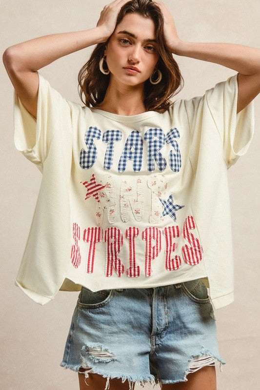 Stars and Stripes Patchwork Short Sleeve - Cream
