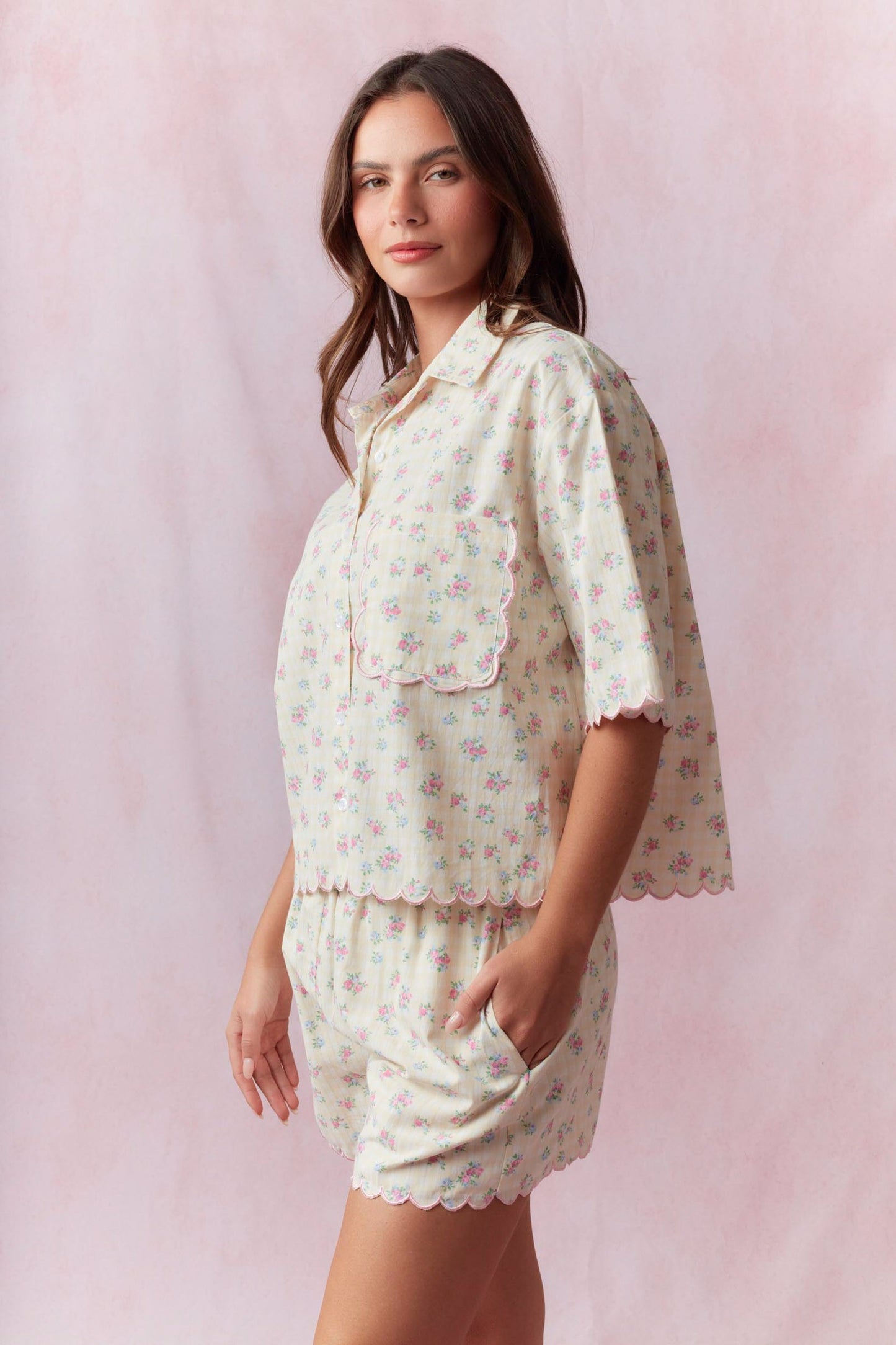 Gingham Floral Printed Scallop Top or Shorts