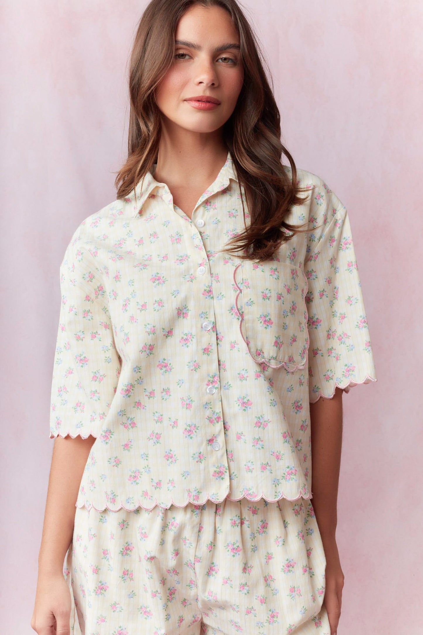 Gingham Floral Printed Scallop Top or Shorts