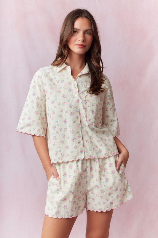 Gingham Floral Printed Scallop Top or Shorts