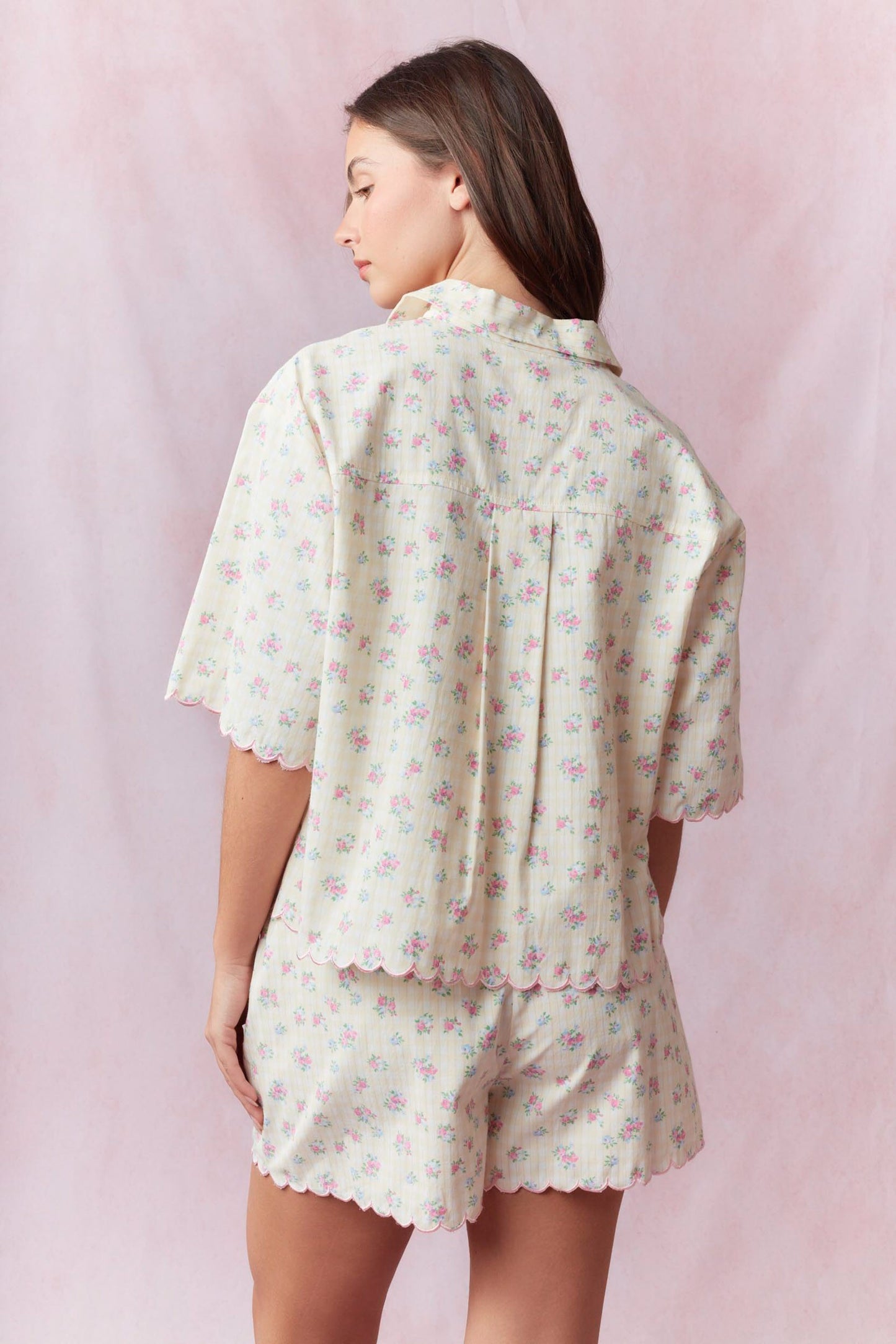 Gingham Floral Printed Scallop Top or Shorts
