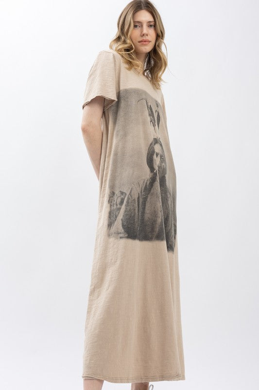 Sitting Bull Print Washed Short Sleeve Long Dress