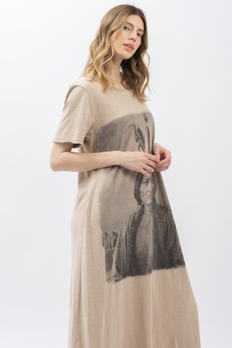 Sitting Bull Print Washed Short Sleeve Long Dress