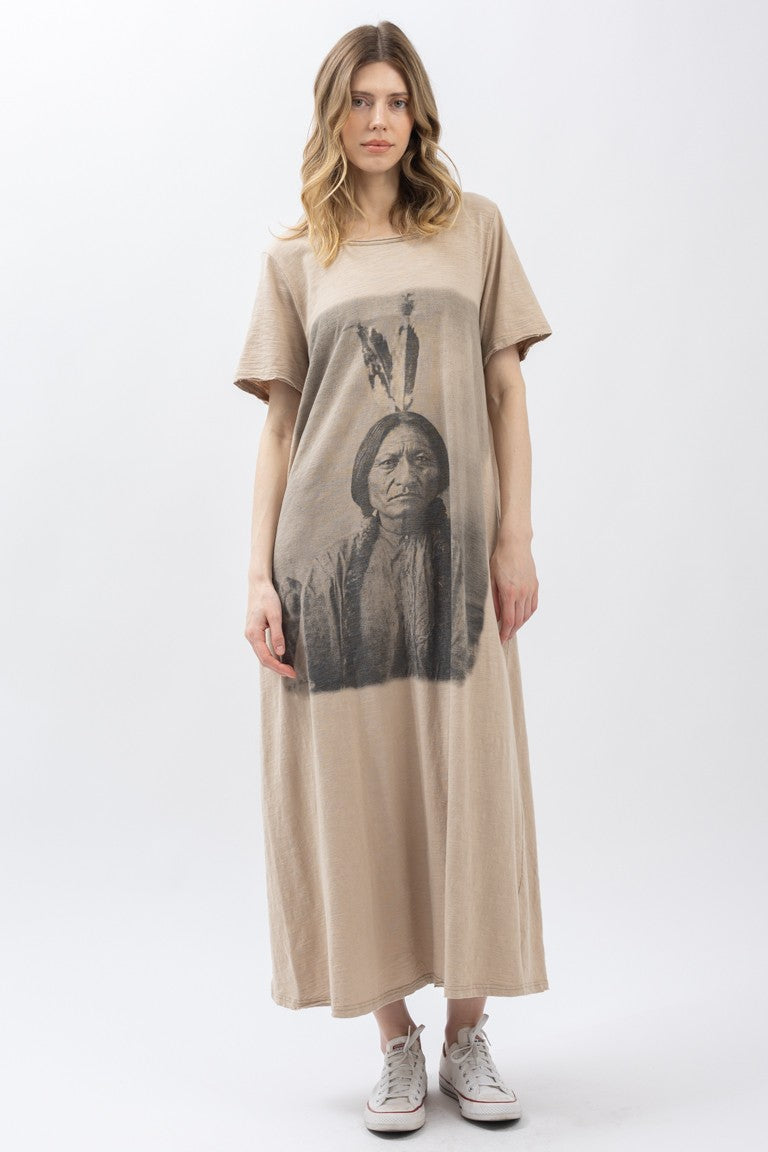 Sitting Bull Print Washed Short Sleeve Long Dress