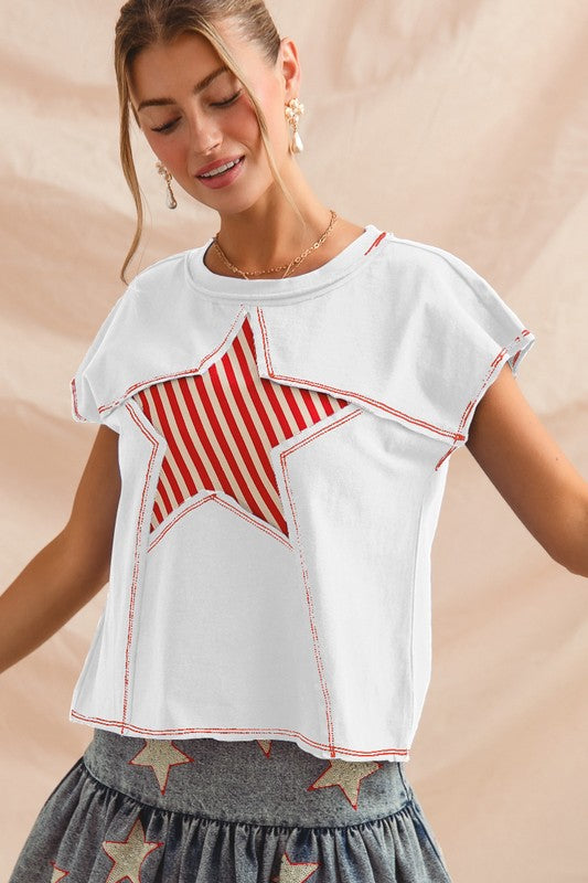 Stripe Star Patch Knit Top - Off White