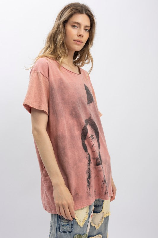 Sitting Bull Print Washed Short Sleeve Top - Dusty Coral