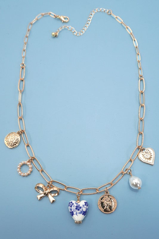 Ceramic Porcelain Bow Heart Charm Link Necklace - Blue