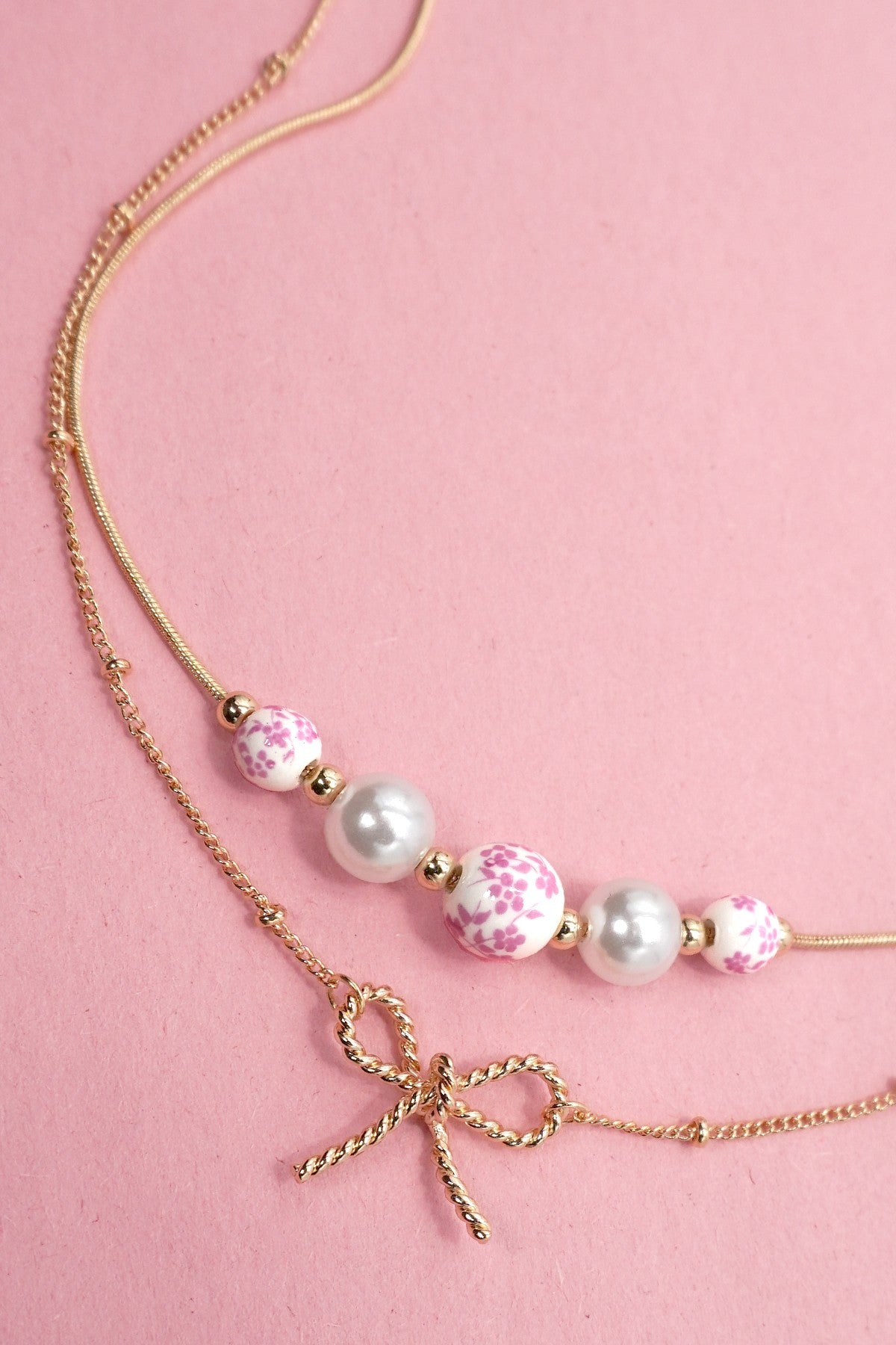 Pink Ceramic Porcelain Pearl Bow Layer Necklace