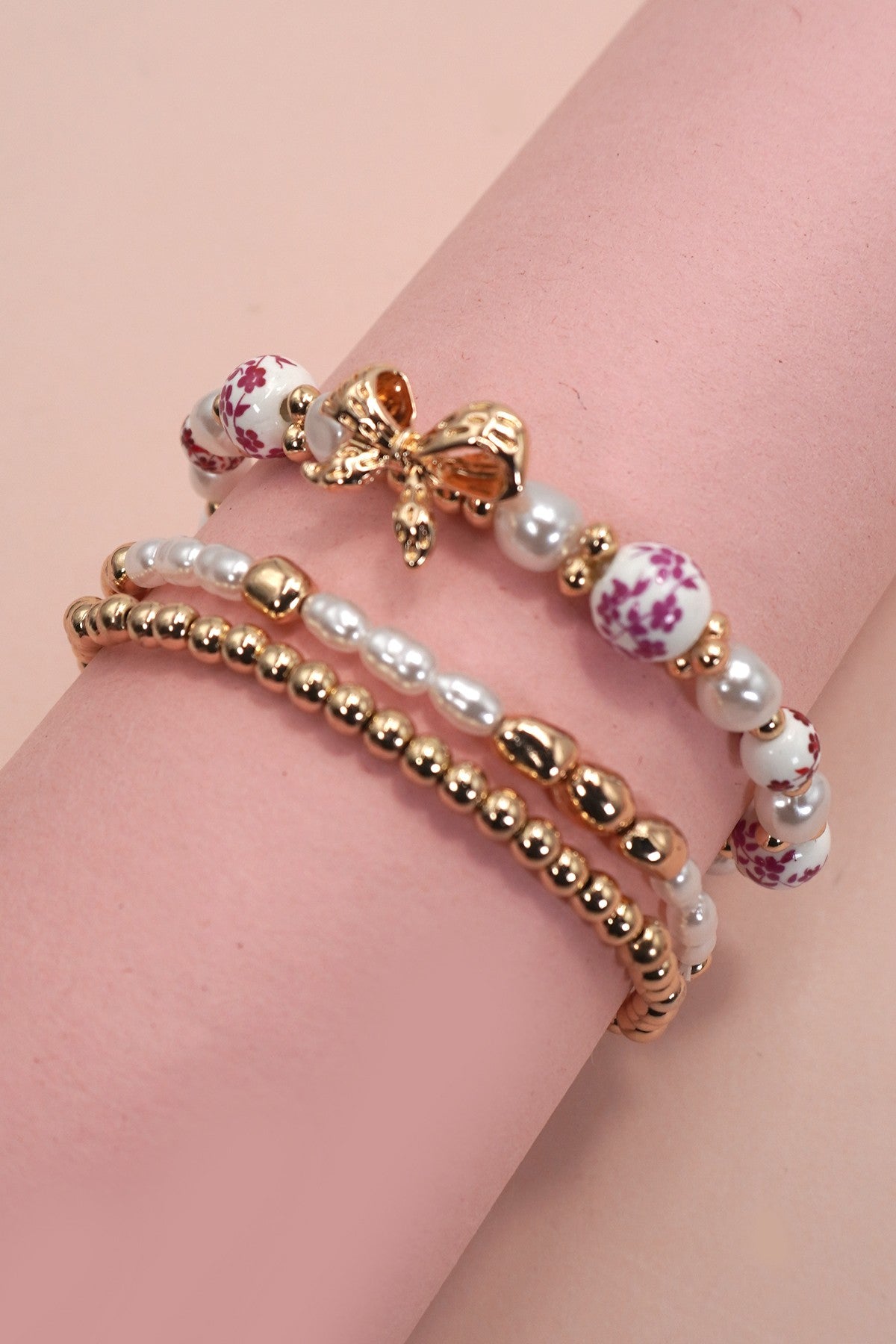 Pink Ceramic Porcelain Bow Multi Layer Bracelet