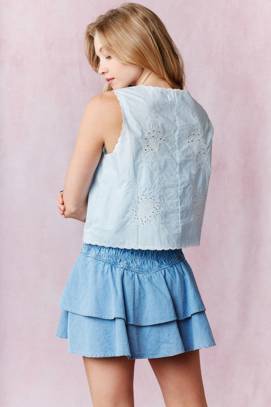Cotton Poplin Embroidery Summer Vest - Blue