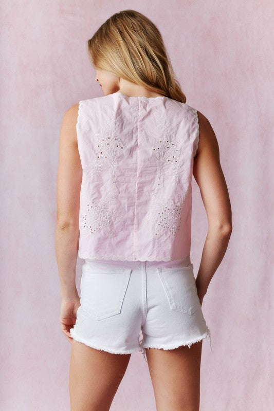 Cotton Poplin Embroidery Summer Vest - Pink