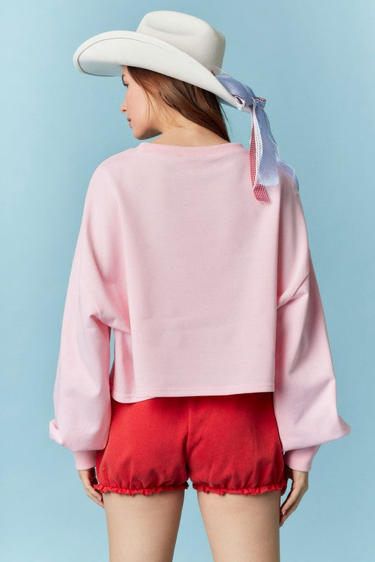 Crew Neck Flag Sparkle Trim Crop Sweatshirt - Pink