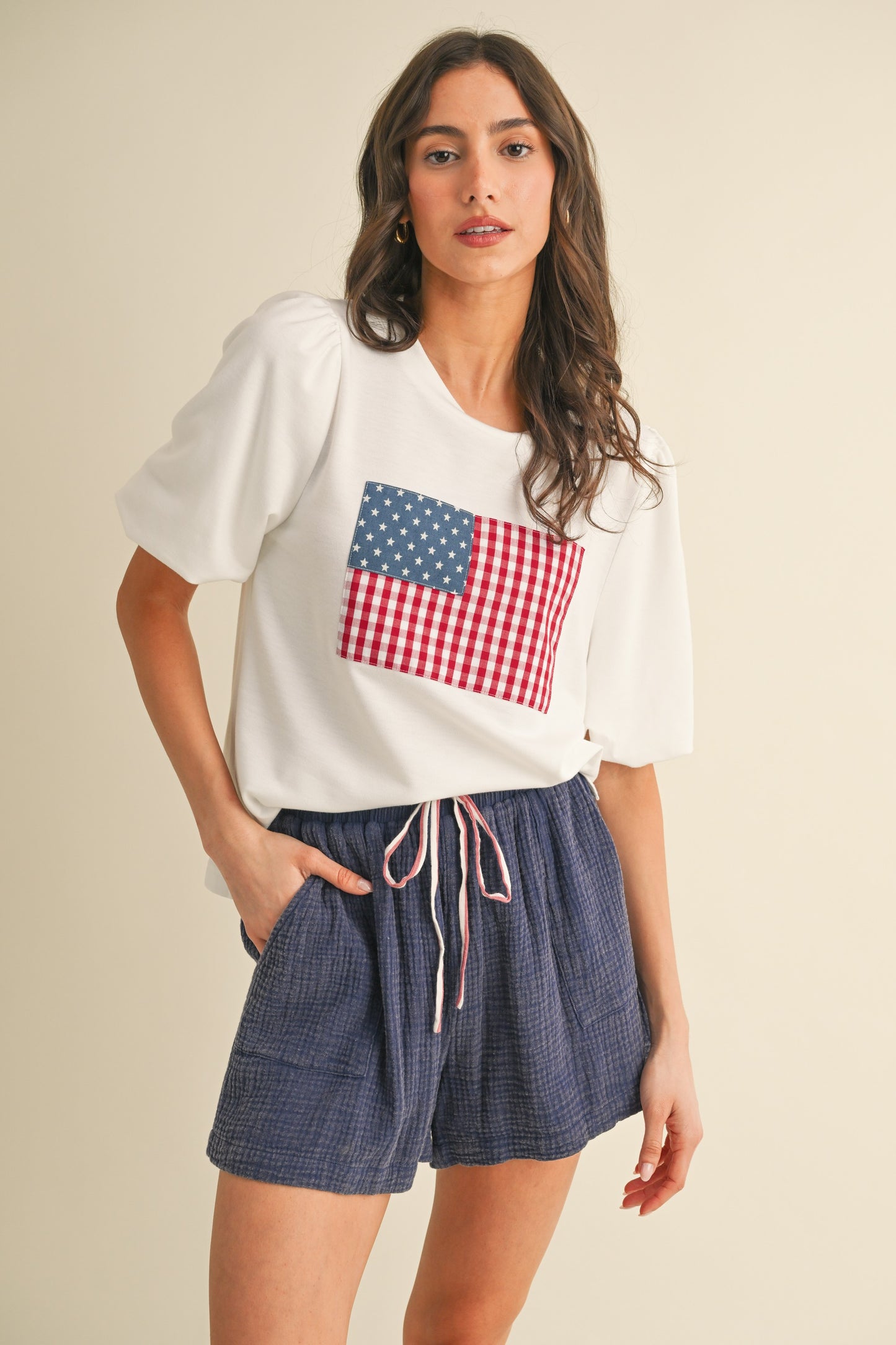 American Flag Patch Balloon Sleeve Knit Top