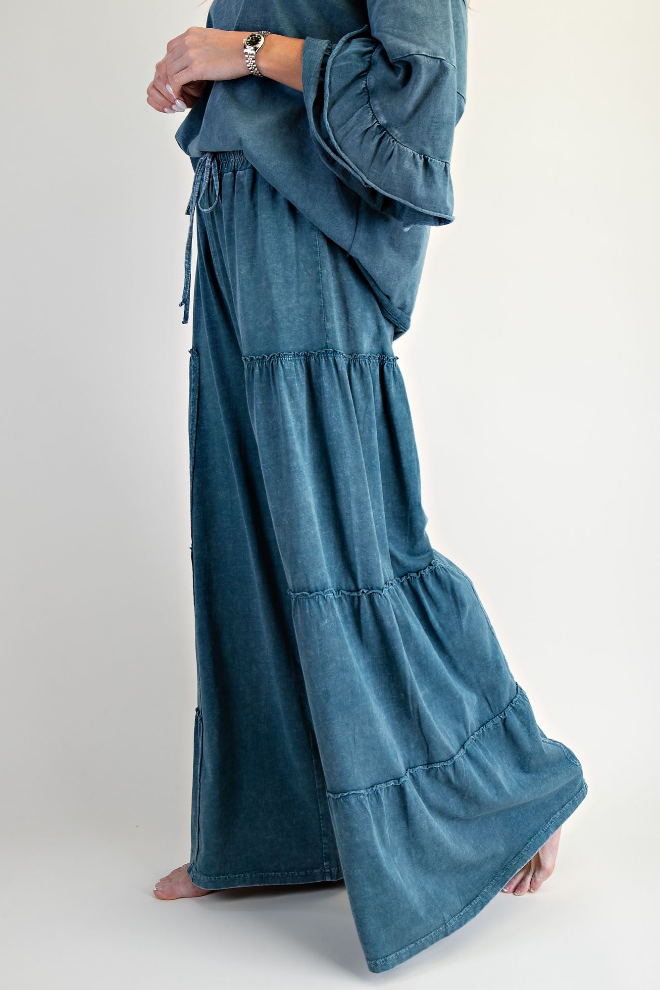 Mineral Washed Tiered Pants - Teal
