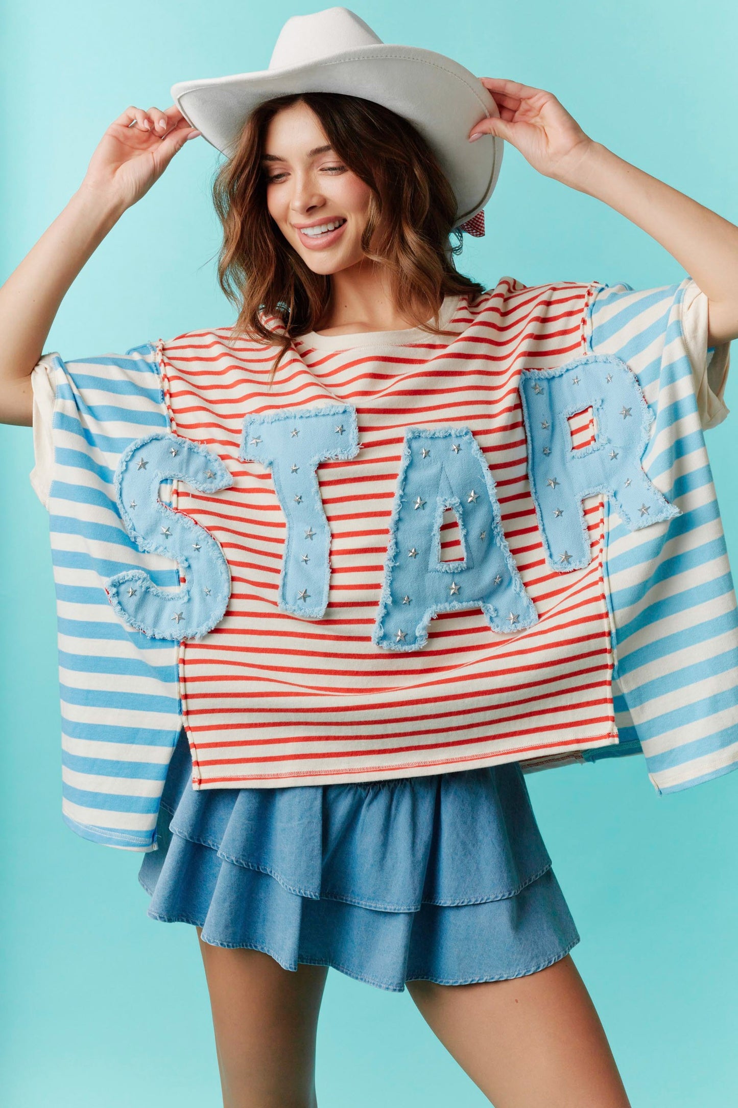 Star Patch with Stripe Detail Oversized T-Shirt