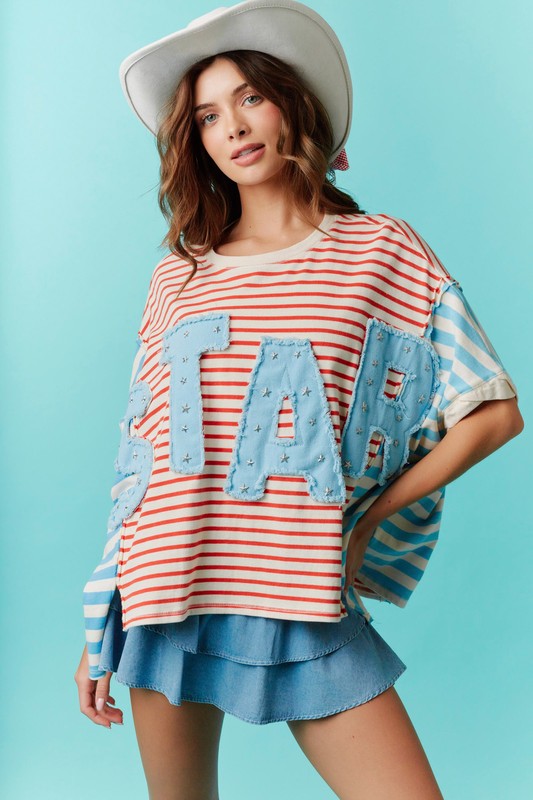 Star Patch with Stripe Detail Oversized T-Shirt