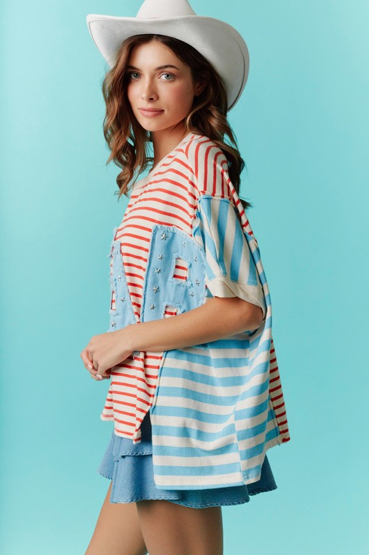 Star Patch with Stripe Detail Oversized T-Shirt
