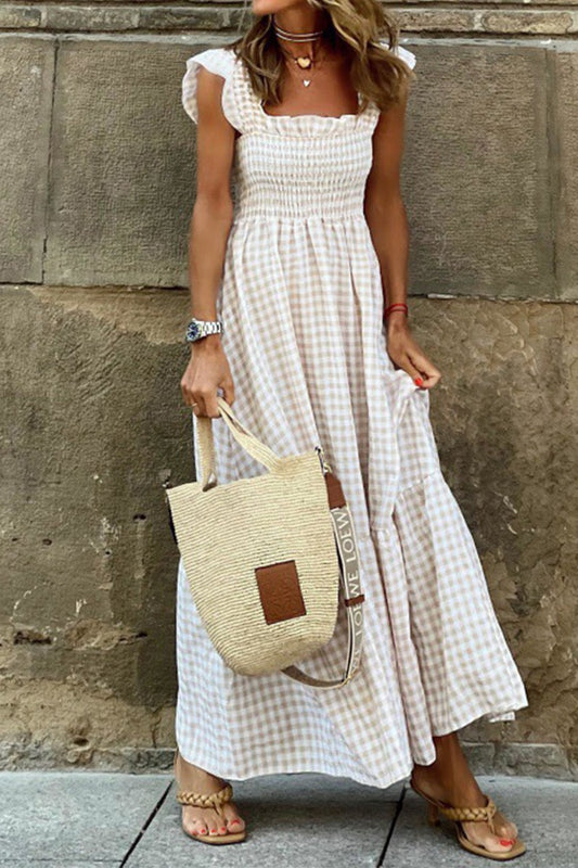 Checkered Plaid Elastic Flowy Maxi Dress