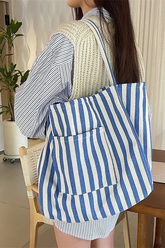 Organic Striped Trending Double Pocket Tote Bag - Blue