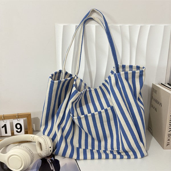 Organic Striped Trending Double Pocket Tote Bag - Blue