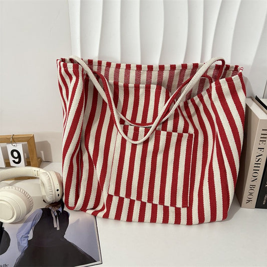 Organic Striped Trending Double Pocket Tote Bag - Red