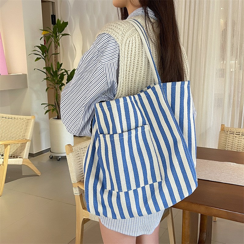 Organic Striped Trending Double Pocket Tote Bag - Blue