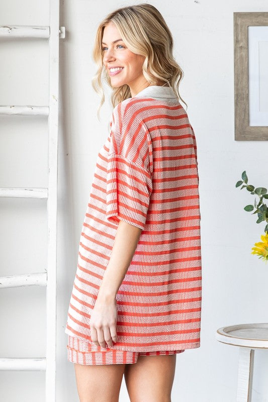 Stripe Button Butterfly Collar Top - Coral