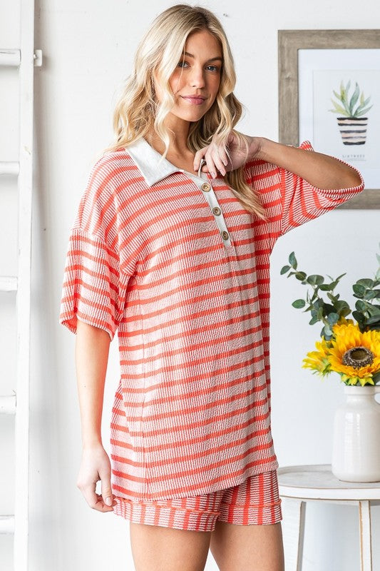 Stripe Button Butterfly Collar Top - Coral