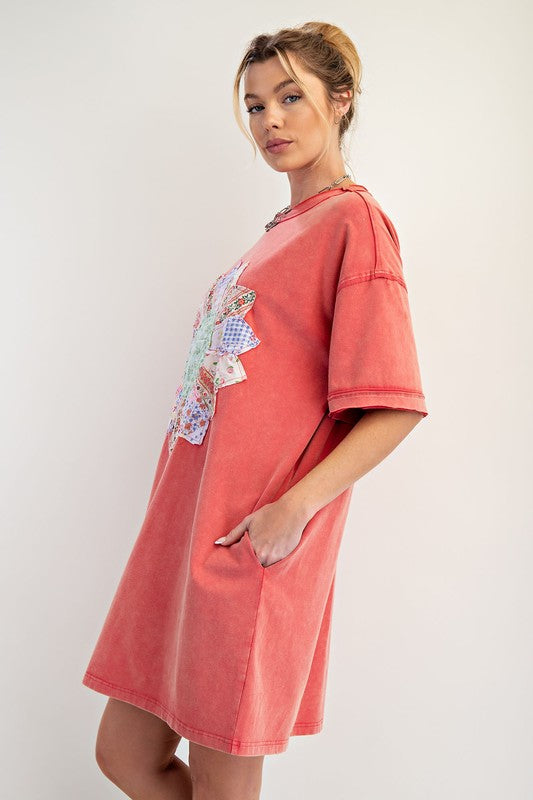 Boho Patch Mineral Washed T Shirt Dress - Boho Red