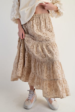 Cotton Eyelet Lace Tiered Maxi Skirt