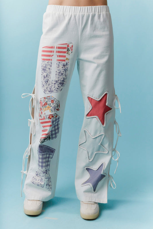 Printed Rope Trim with Side Bow Detail Star Twill Pants