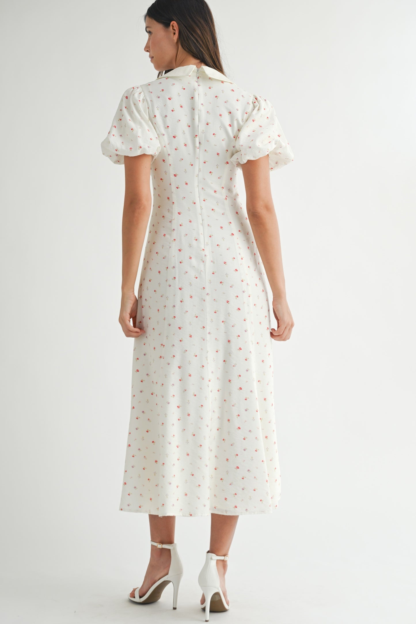 Ditzy Floral Print Front Bow Collar Midi Dress