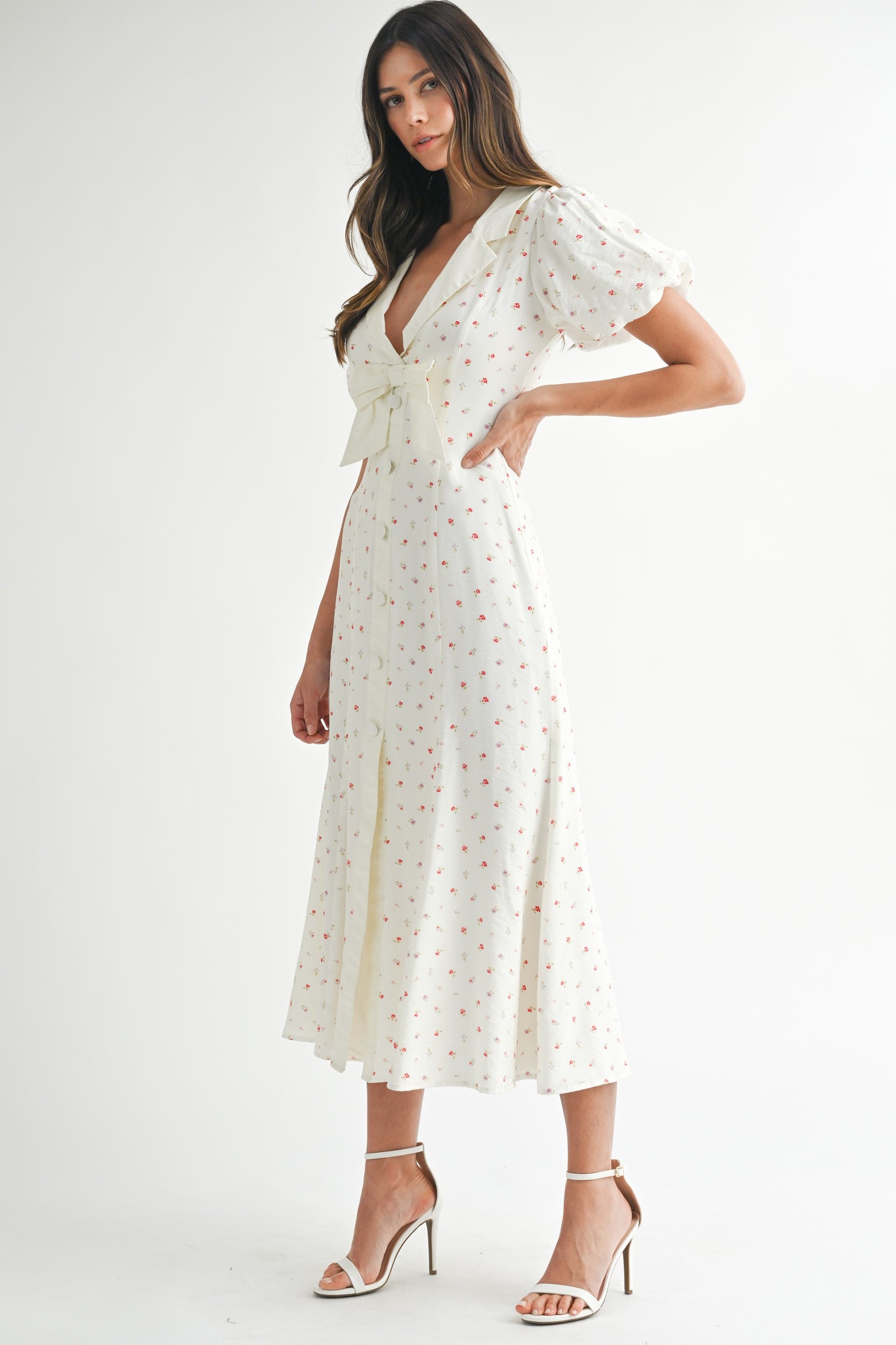 Ditzy Floral Print Front Bow Collar Midi Dress