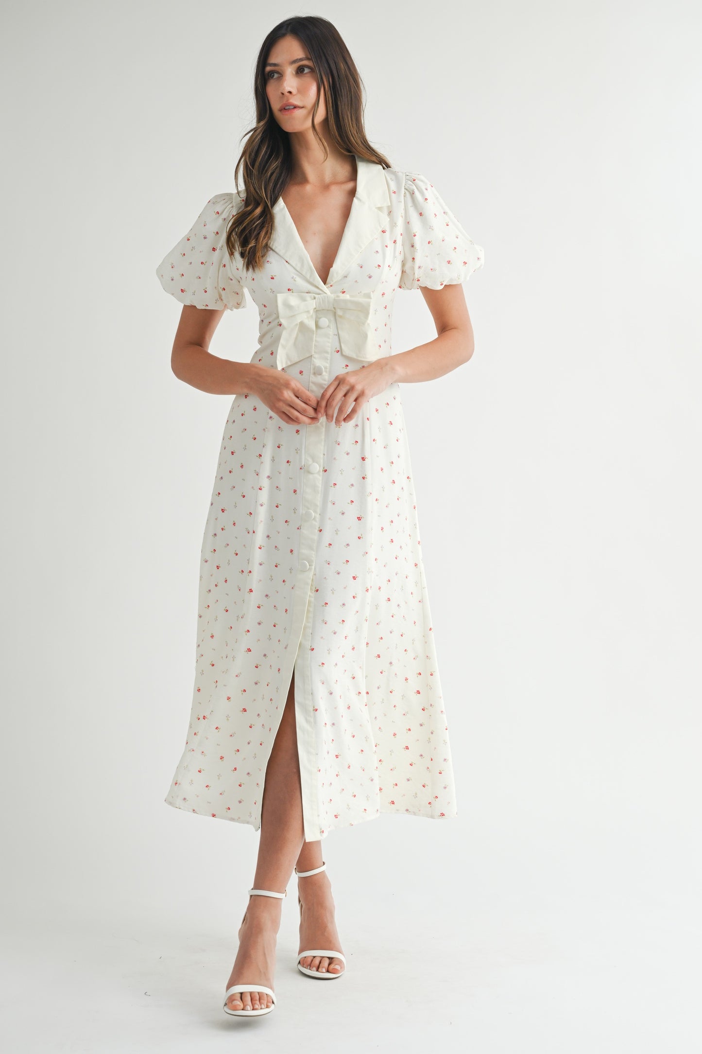 Ditzy Floral Print Front Bow Collar Midi Dress