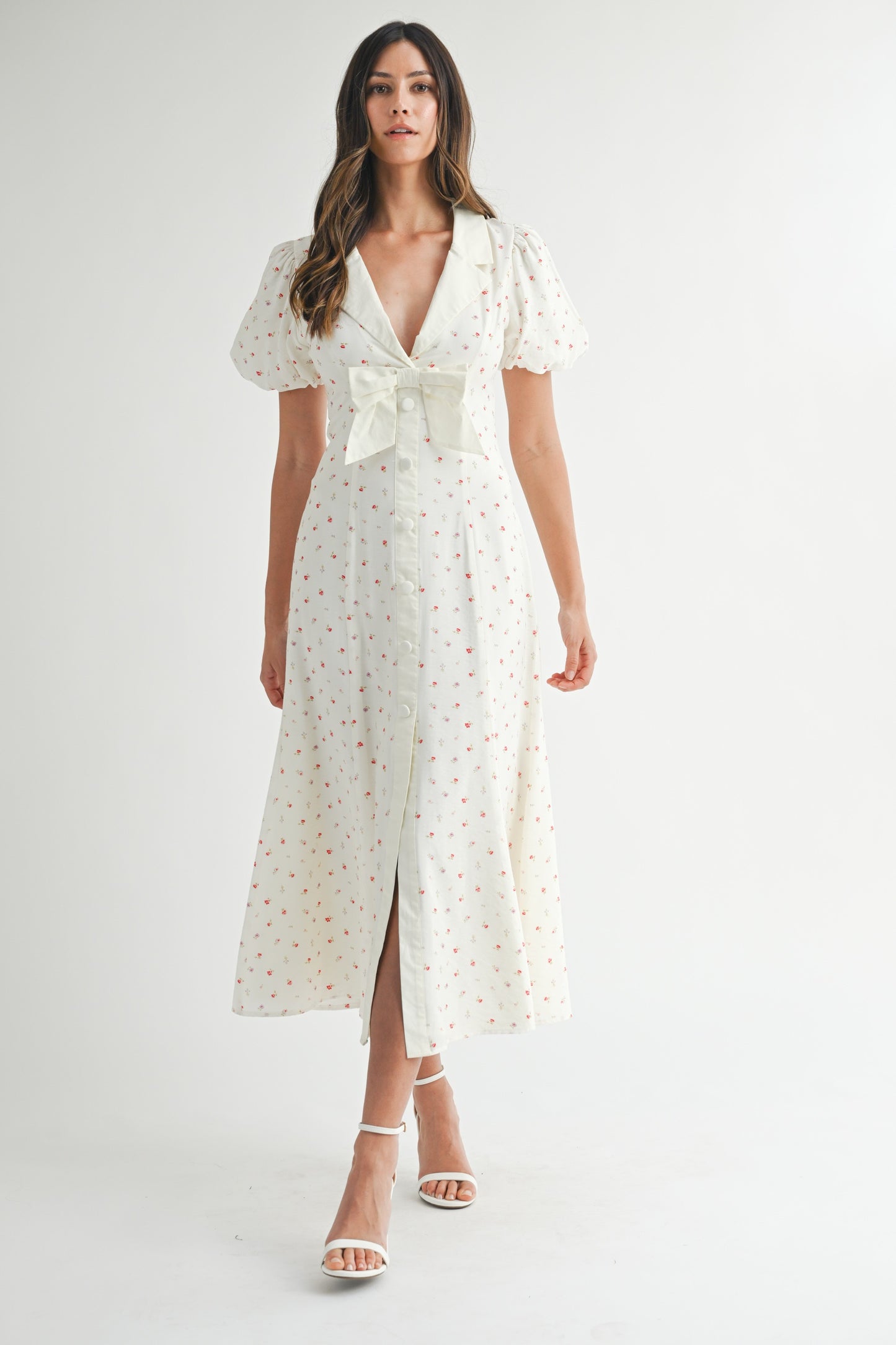 Ditzy Floral Print Front Bow Collar Midi Dress