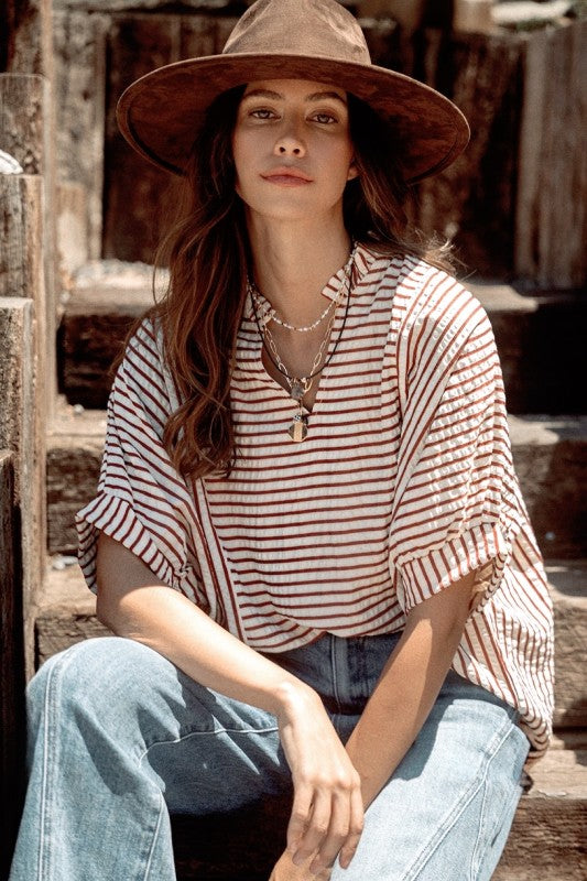 Stripe Ruffle Neck Loose Fit Blouse