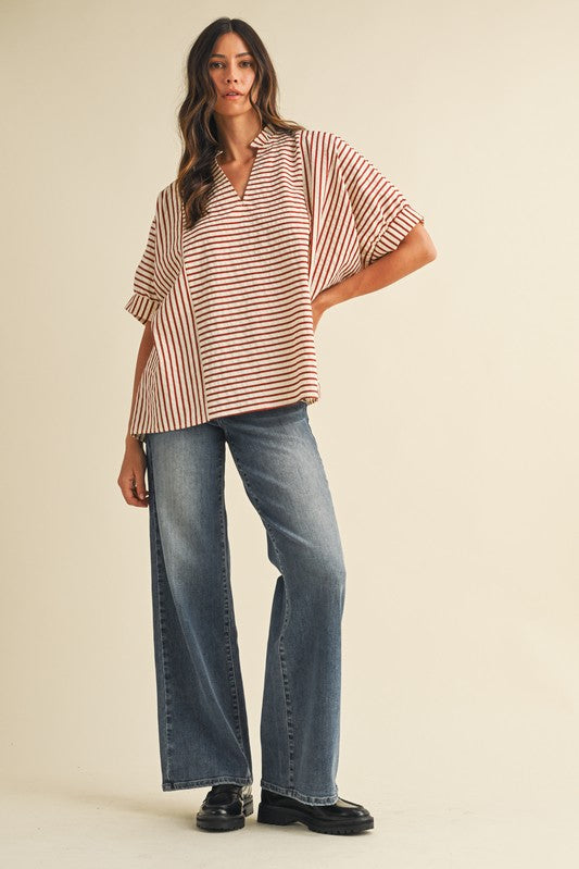 Stripe Ruffle Neck Loose Fit Blouse